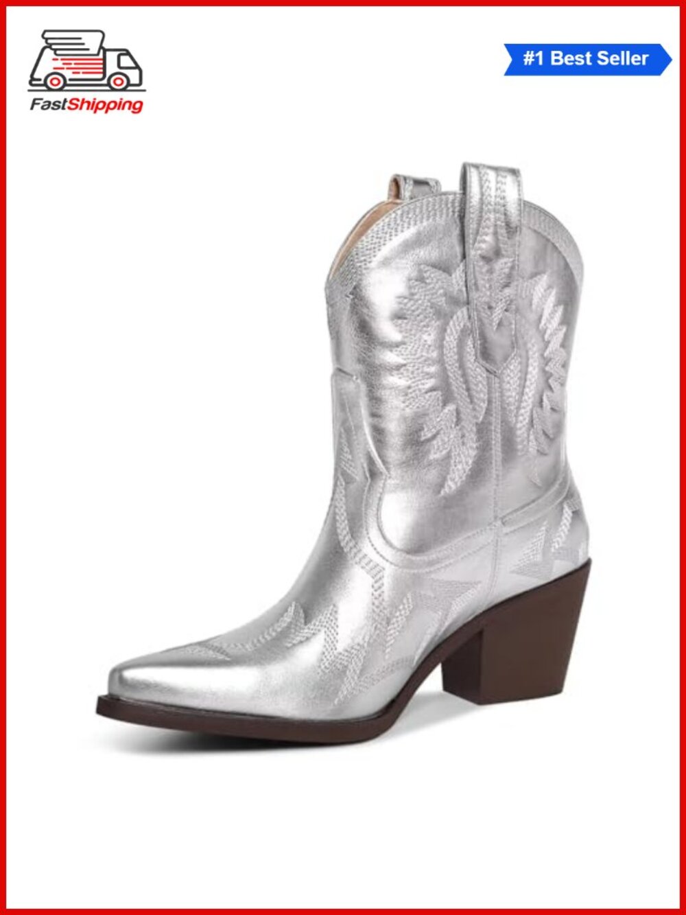 ✨Western Ankle Cowboy Boots Chunky Pointed Toe Wide Calf PU Leather